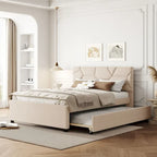 Linen Upholstered Platform Bed Frame with Trundle and Brick Pattern Headboard