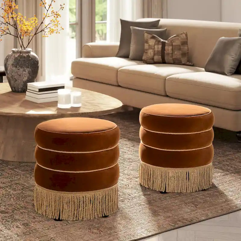 Edward 17.5 Round Upholstered Ottoman with Gold Bullion Fringe