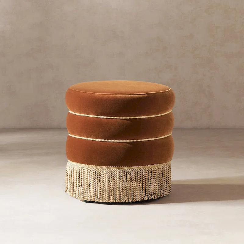 Edward 17.5 Round Upholstered Ottoman with Gold Bullion Fringe