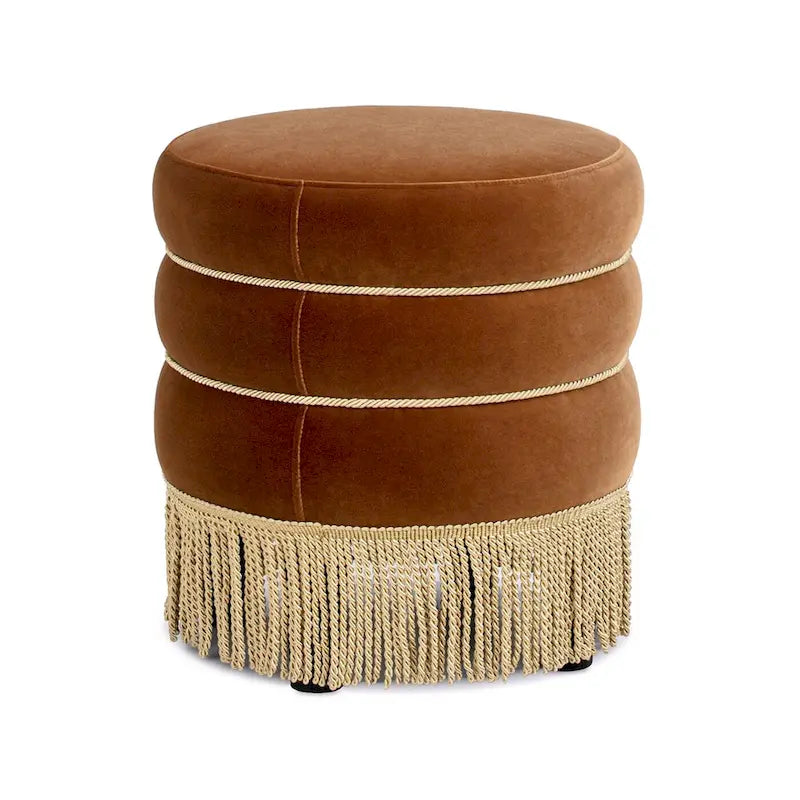Edward 17.5 Round Upholstered Ottoman with Gold Bullion Fringe