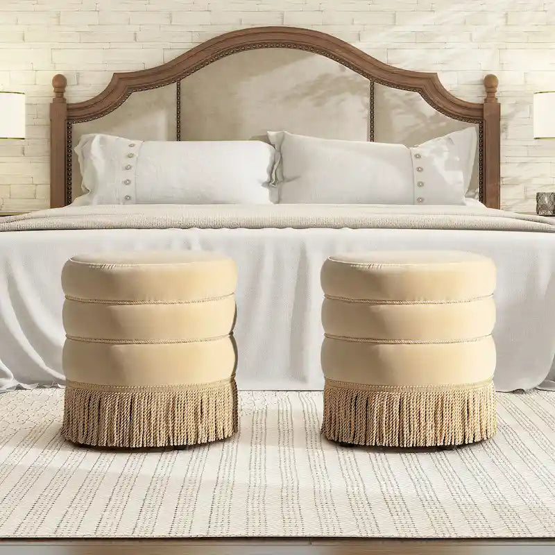 Edward 17.5 Round Upholstered Ottoman with Gold Bullion Fringe