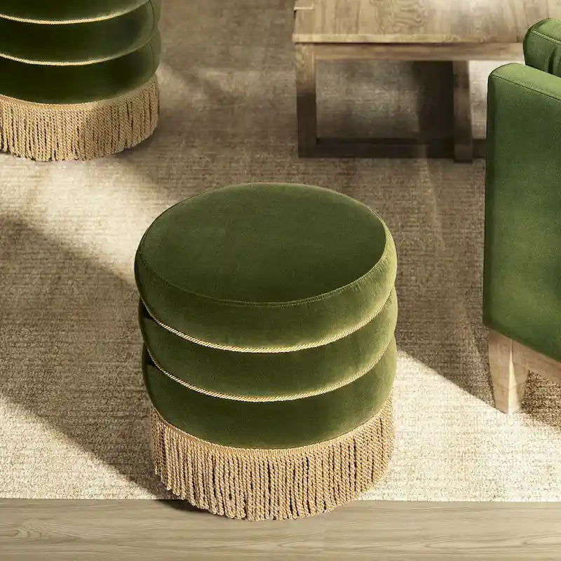 Edward 17.5 Round Upholstered Ottoman with Gold Bullion Fringe