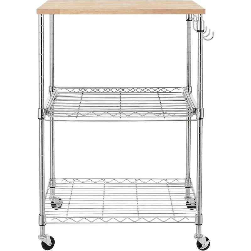 Tier Oak Wood Kitchen Cart with Wheels Slider Shelf and Hooks for Microwave Coffee Storage in Dining Room