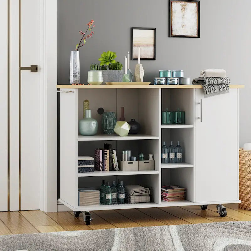 47W Kitchen Storage Island Cart with 6 Open Shelves and 1 Cabinet