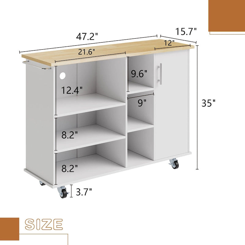 47W Kitchen Storage Island Cart with 6 Open Shelves and 1 Cabinet