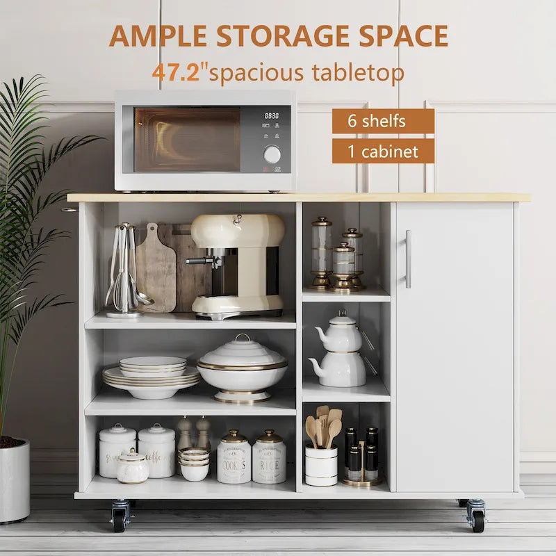 47W Kitchen Storage Island Cart with 6 Open Shelves and 1 Cabinet