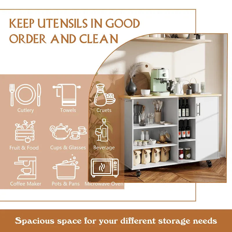 47W Kitchen Storage Island Cart with 6 Open Shelves and 1 Cabinet