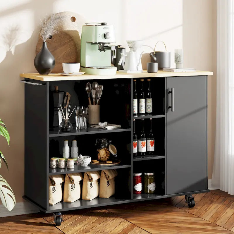 47W Kitchen Storage Island Cart with 6 Open Shelves and 1 Cabinet