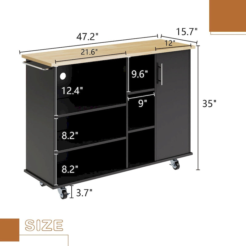 47W Kitchen Storage Island Cart with 6 Open Shelves and 1 Cabinet