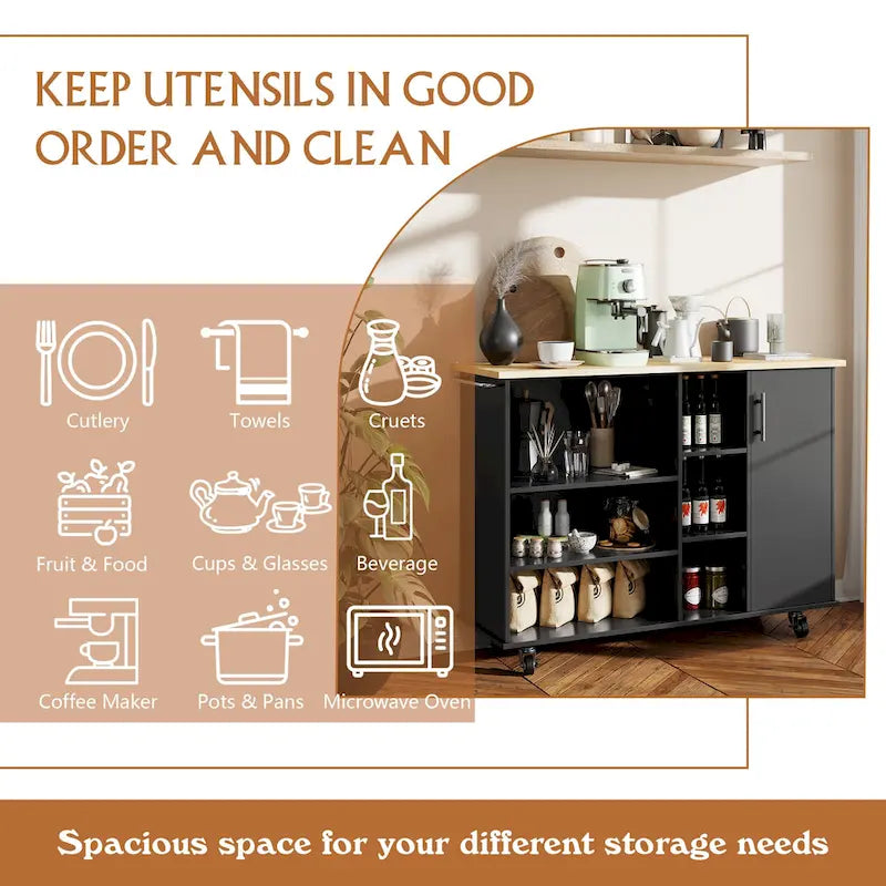 47W Kitchen Storage Island Cart with 6 Open Shelves and 1 Cabinet