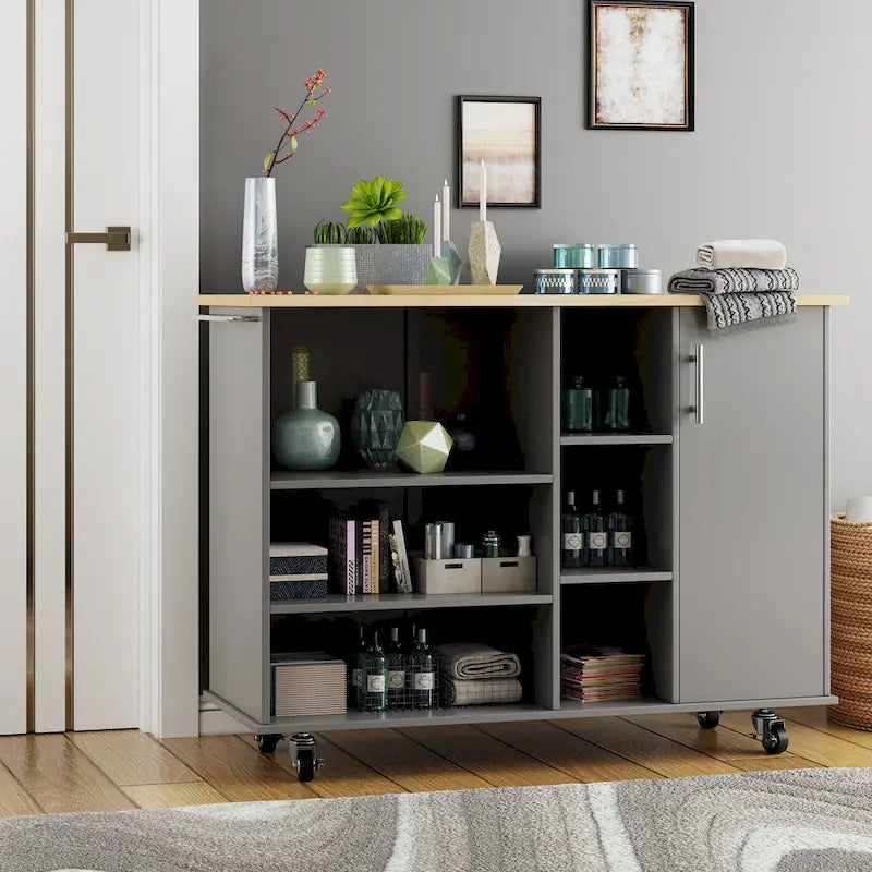 47W Kitchen Storage Island Cart with 6 Open Shelves and 1 Cabinet
