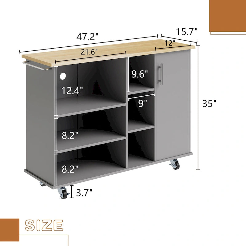 47W Kitchen Storage Island Cart with 6 Open Shelves and 1 Cabinet