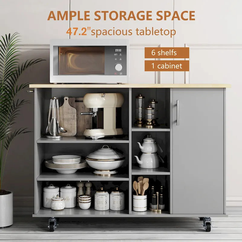 47W Kitchen Storage Island Cart with 6 Open Shelves and 1 Cabinet