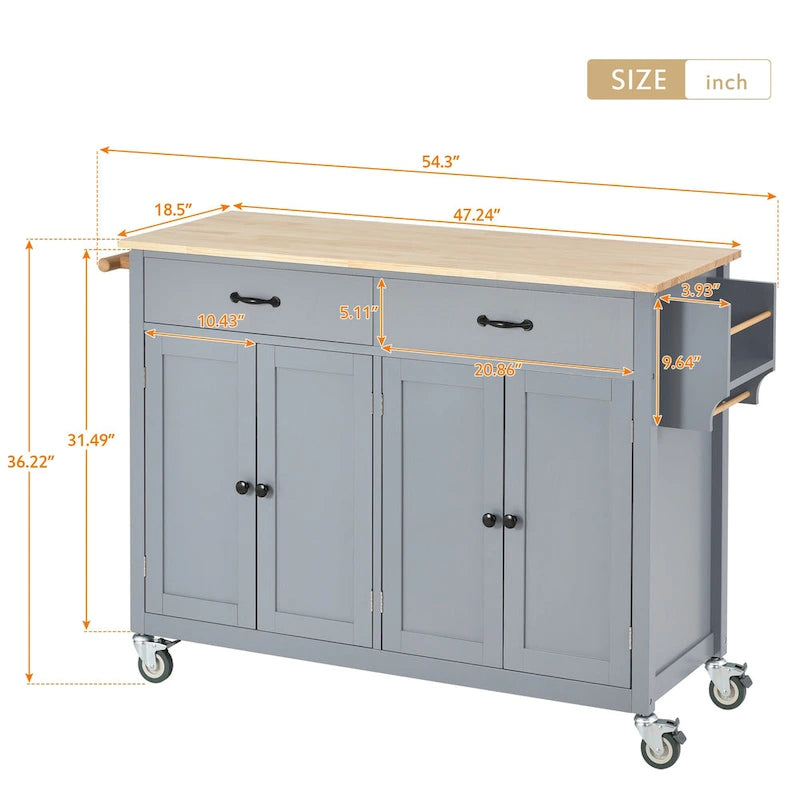 Essential MDF Kitchen Island Cart with Solid Wood Top, Locking Wheels, and Spice Rack