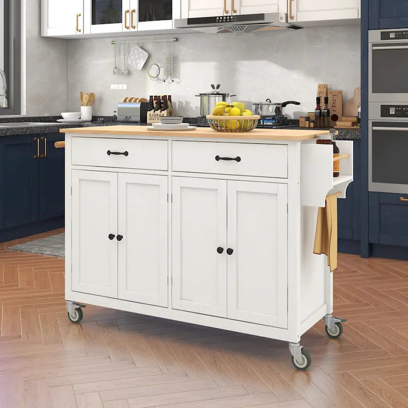 Essential MDF Kitchen Island Cart with Solid Wood Top, Locking Wheels, and Spice Rack