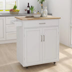 Rolling Kitchen Island Trolley Cart with Adjustable Shelves, Solid Wood Tabletop and Towel Rack