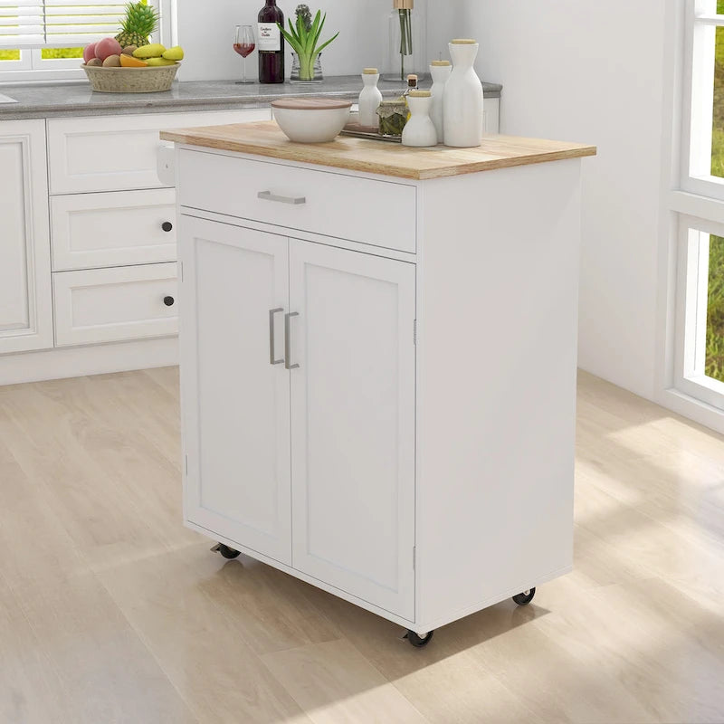 Rolling Kitchen Island Trolley Cart with Adjustable Shelves, Solid Wood Tabletop and Towel Rack