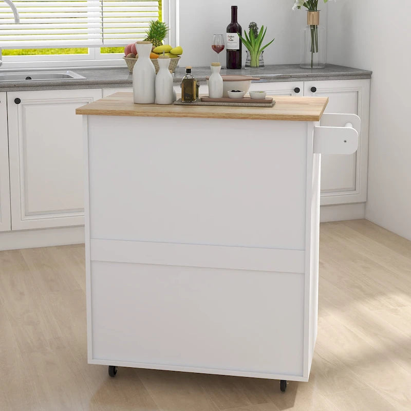 Rolling Kitchen Island Trolley Cart with Adjustable Shelves, Solid Wood Tabletop and Towel Rack