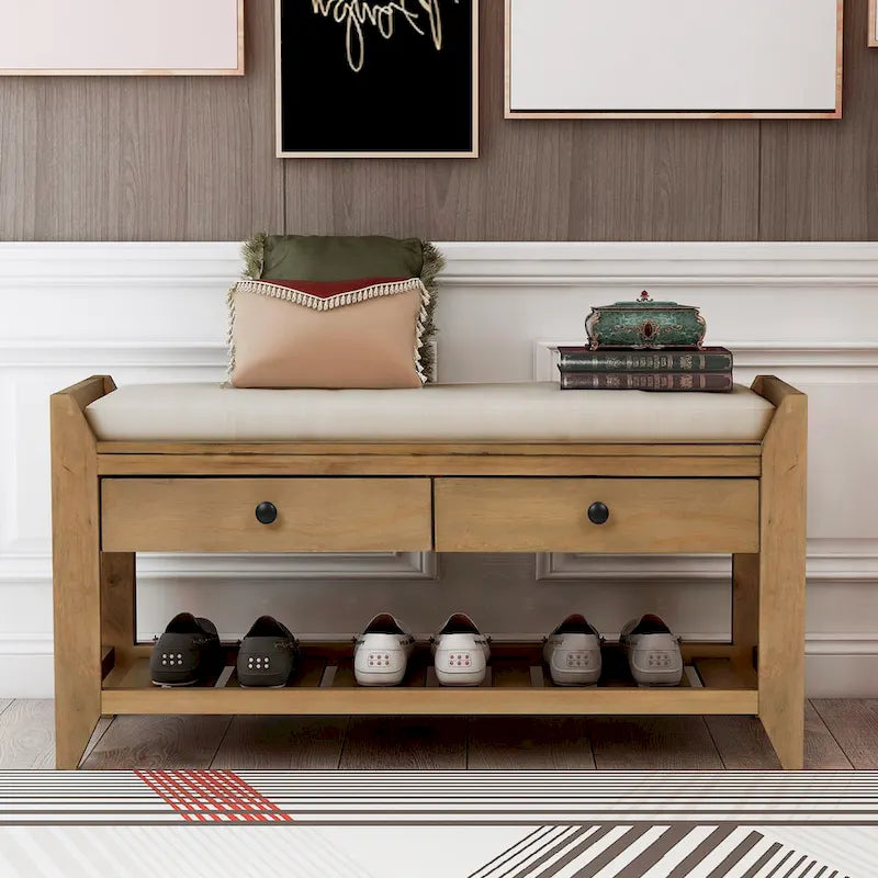 Shoe Rack with Cushioned Seat and Drawers