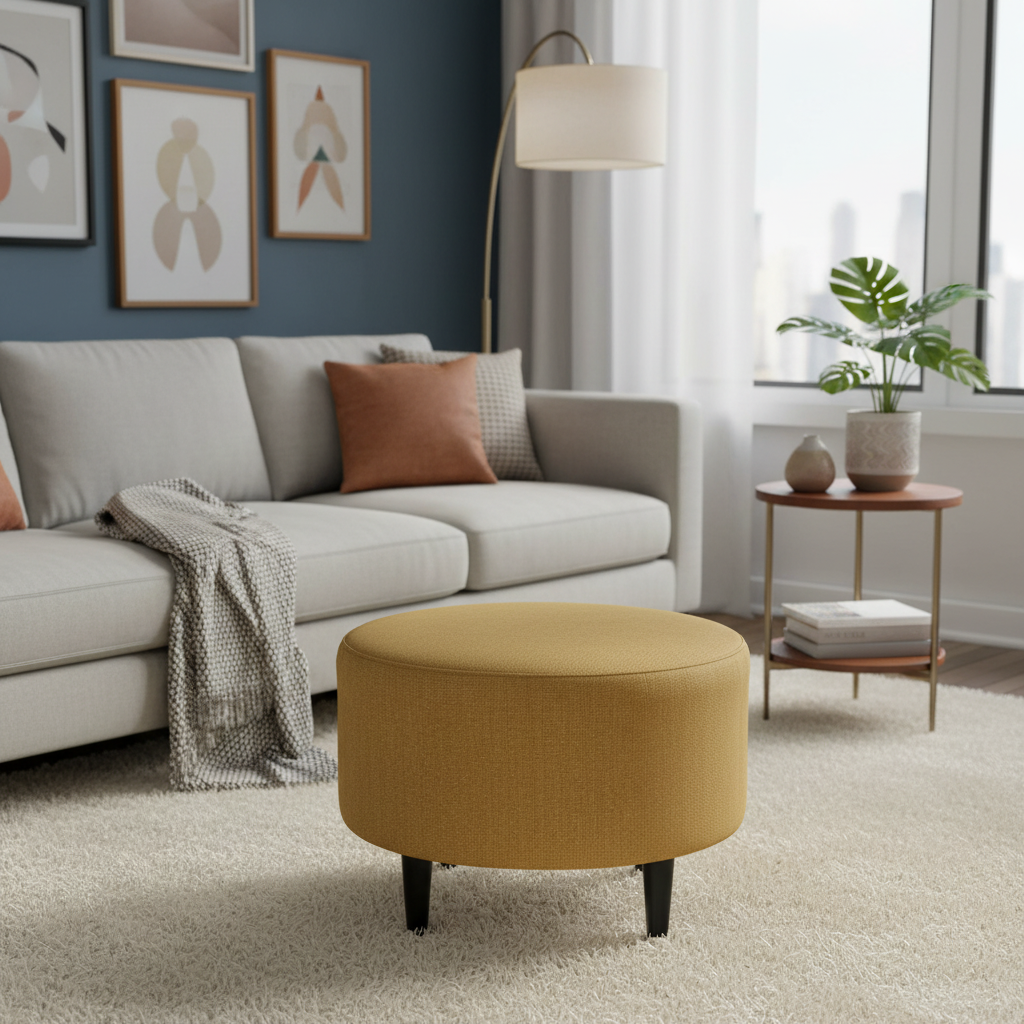 Round Ottoman - Mid-Century Style - Wooden Legs