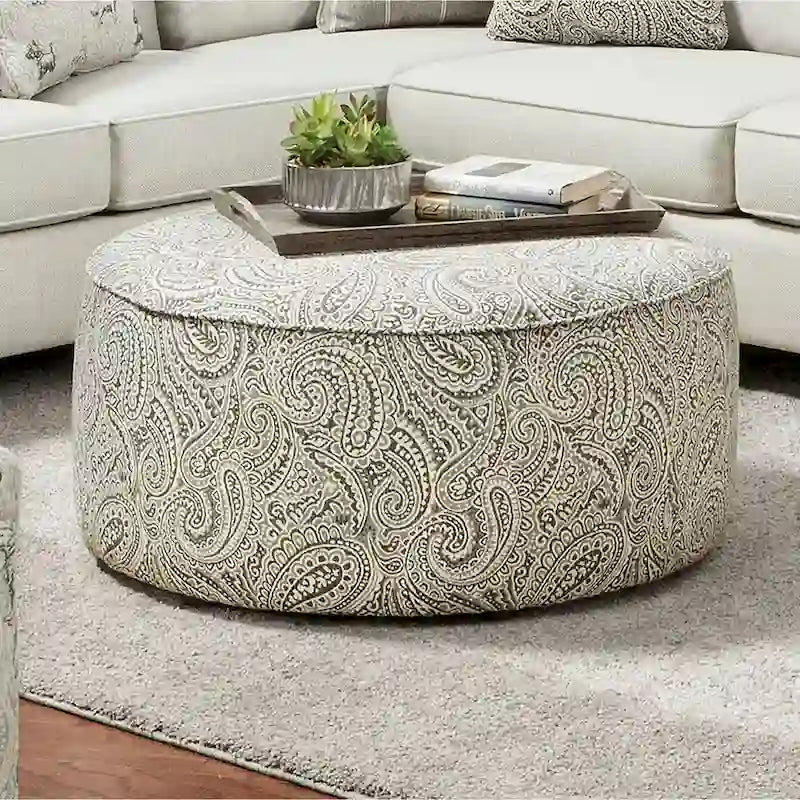 Restian Transitional Ivory Chenille Paisley Print Cocktail Ottoman by Furniture of America