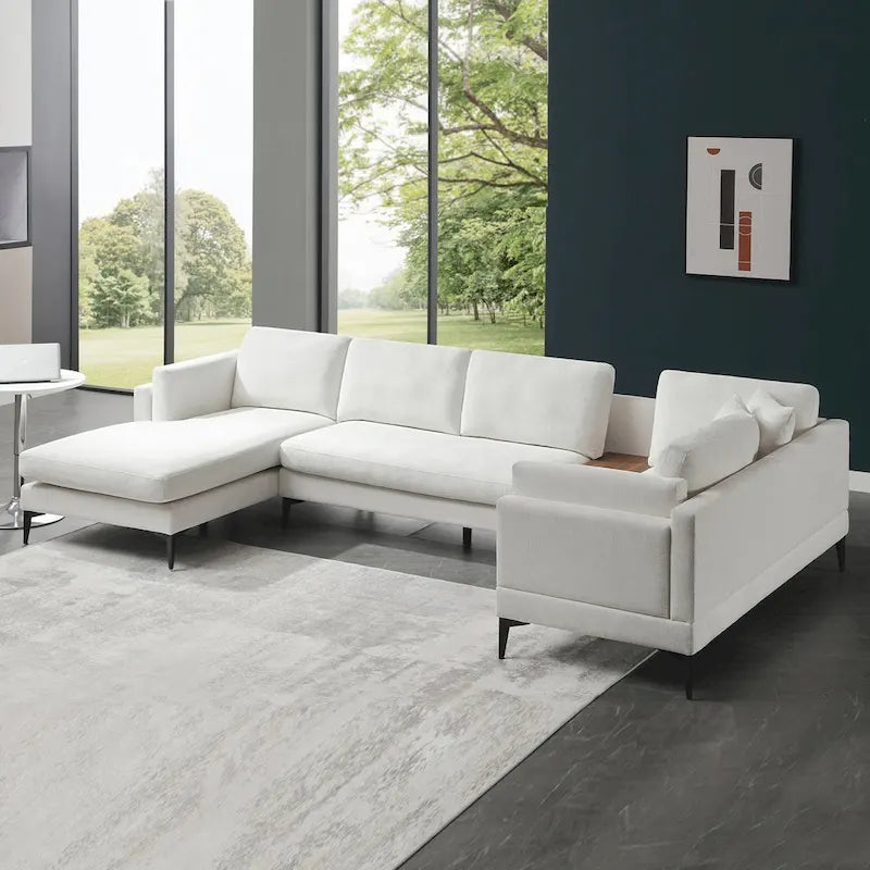 Modular U-shaped Linen Reversible Sofa with a Wooden Side Table Box and Reversible Design