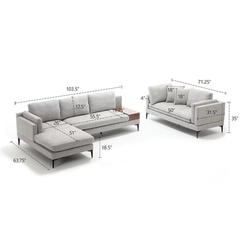 Modular U-shaped Linen Reversible Sofa with a Wooden Side Table Box and Reversible Design