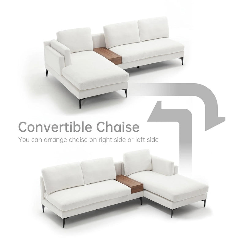 Modular U-shaped Linen Reversible Sofa with a Wooden Side Table Box and Reversible Design