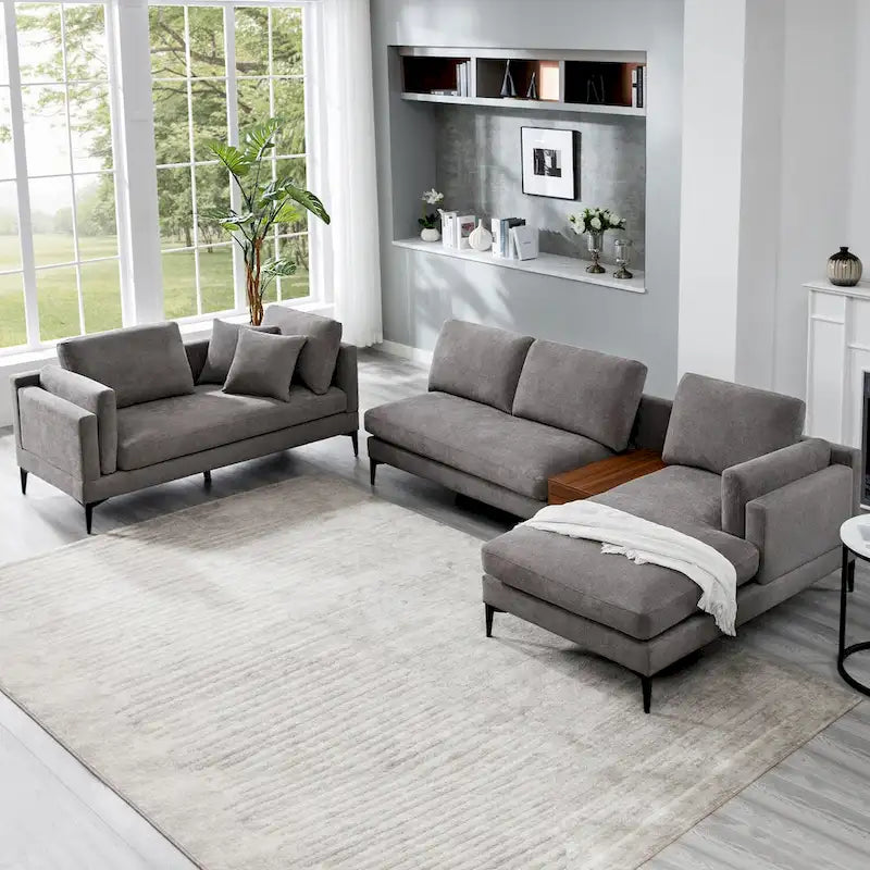 Modular U-shaped Linen Reversible Sofa with a Wooden Side Table Box and Reversible Design