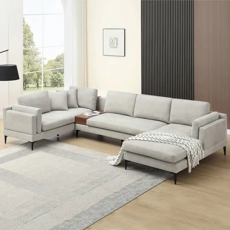 Modular U-shaped Linen Reversible Sofa with a Wooden Side Table Box and Reversible Design