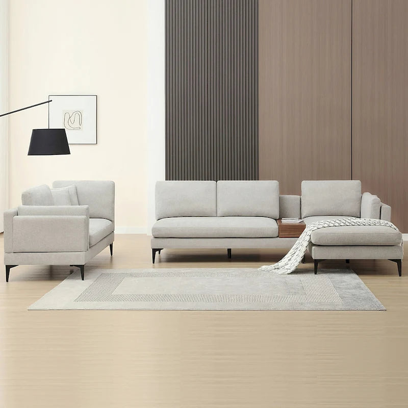 Modular U-shaped Linen Reversible Sofa with a Wooden Side Table Box and Reversible Design