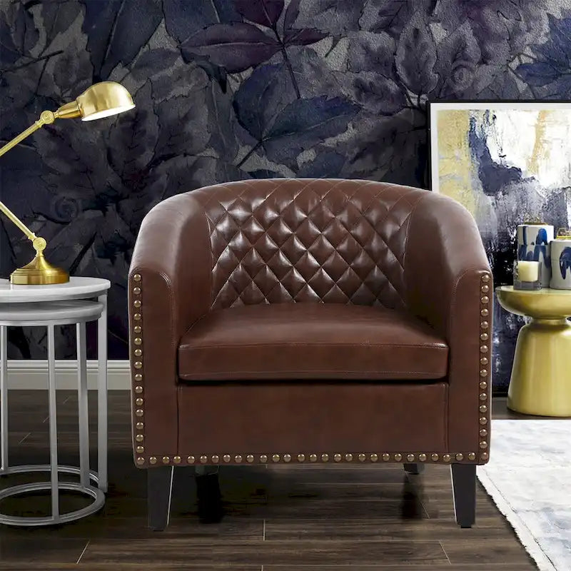 Accent Barrel Chair Living Room With Nailheads And Solid Wood Legs