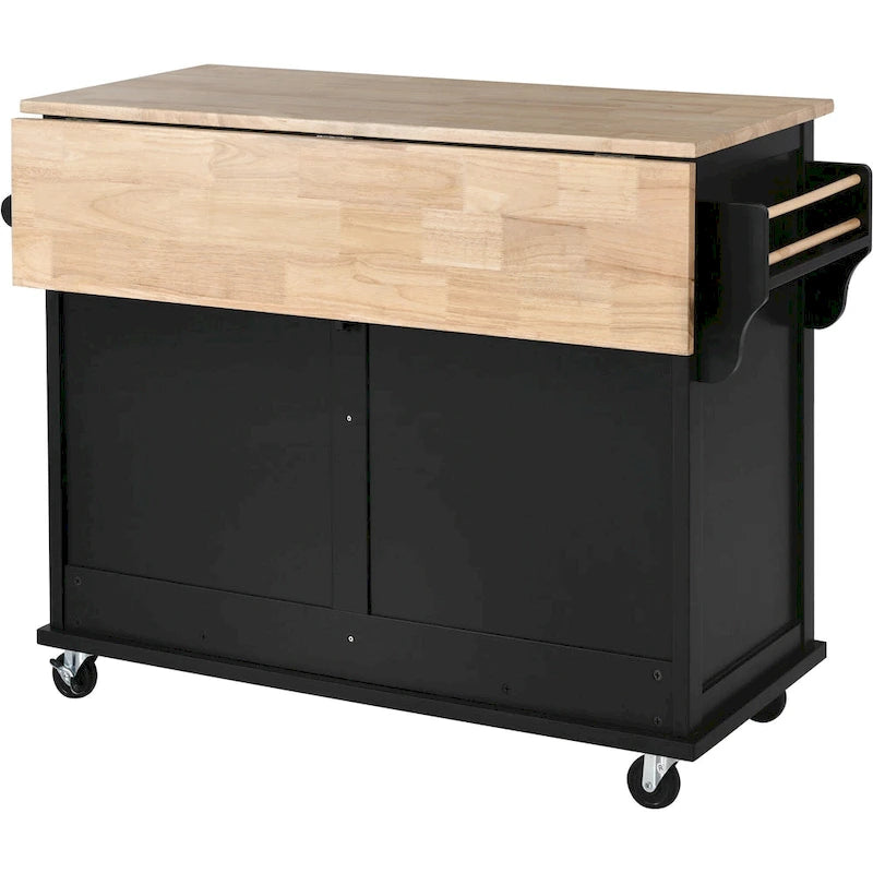Kitchen Cart with Rubber wood Drop-Leaf Countertop, Concealed sliding barn door adjustable height
