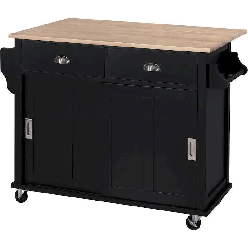 Kitchen Cart with Rubber wood Drop-Leaf Countertop, Concealed sliding barn door adjustable height