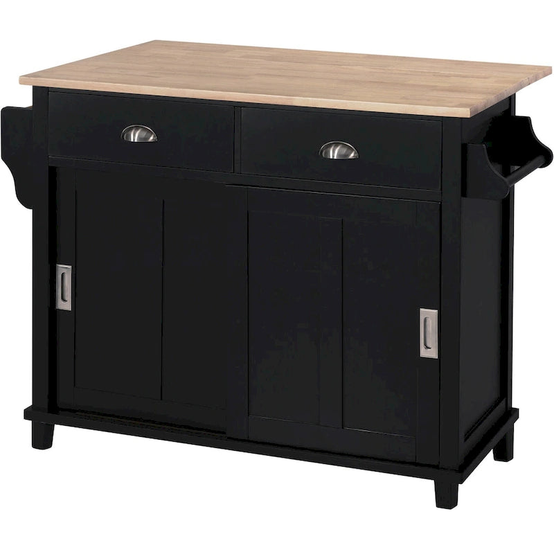 Kitchen Cart with Rubber wood Drop-Leaf Countertop, Concealed sliding barn door adjustable height