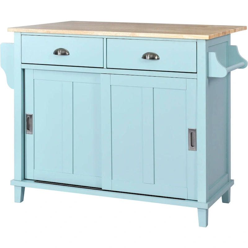 Kitchen Cart with Rubber wood Drop-Leaf Countertop, Concealed sliding barn door adjustable height