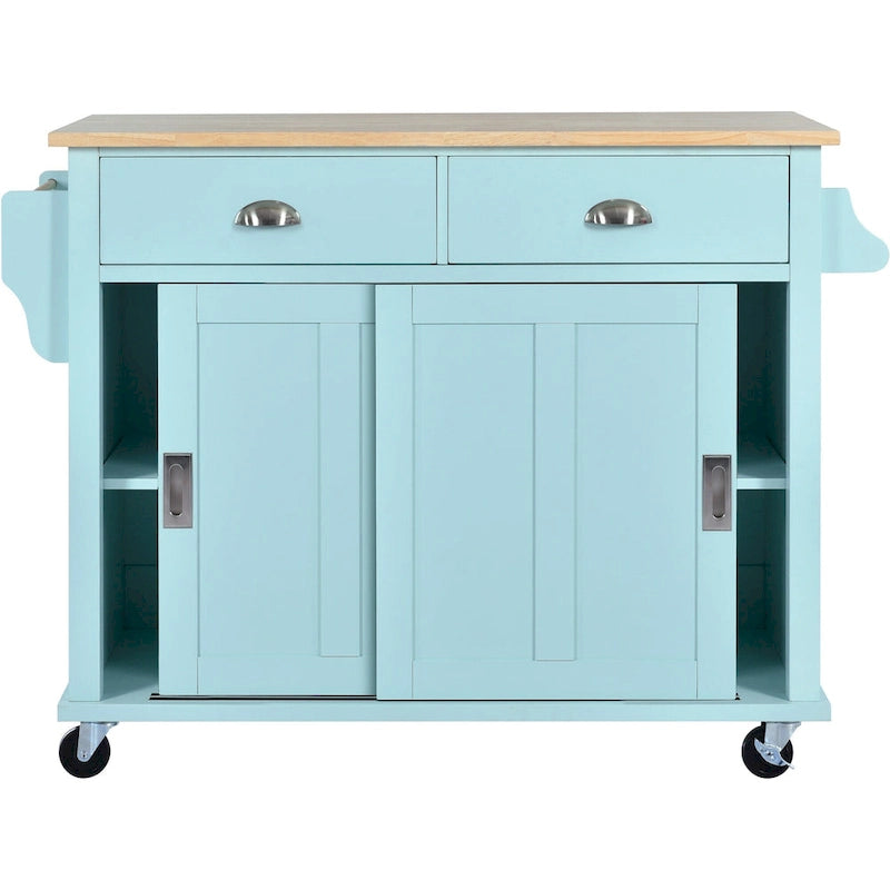 Kitchen Cart with Rubber wood Drop-Leaf Countertop, Concealed sliding barn door adjustable height
