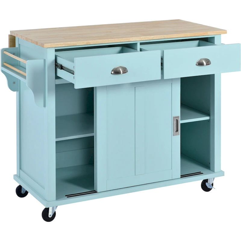 Kitchen Cart with Rubber wood Drop-Leaf Countertop, Concealed sliding barn door adjustable height