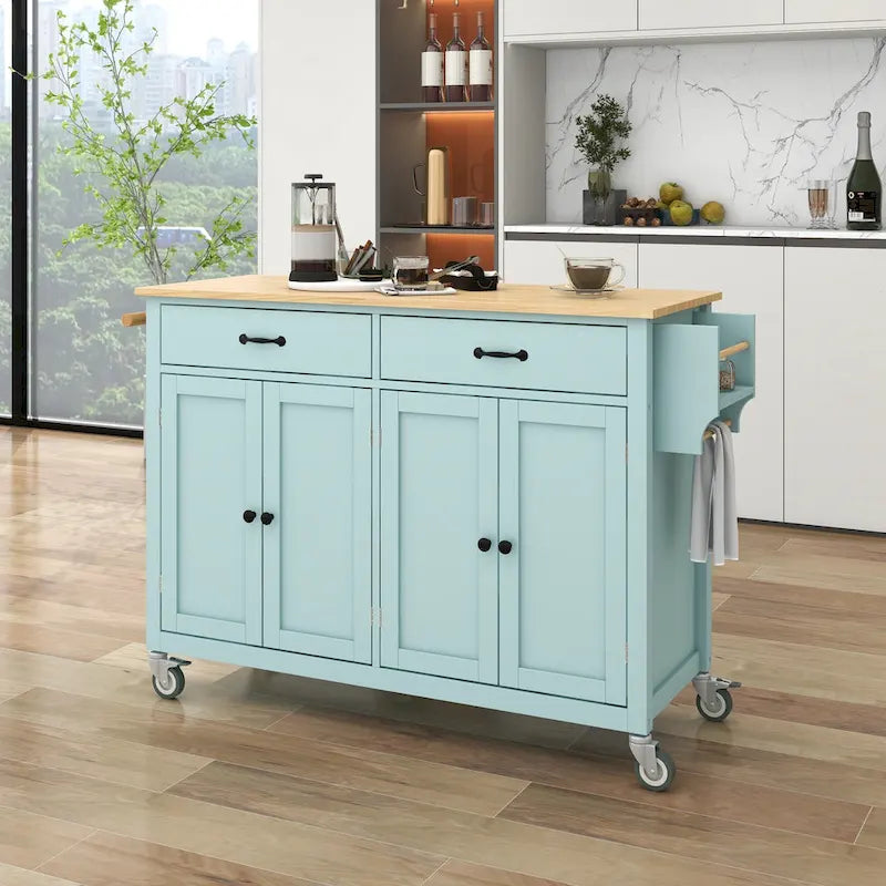 Kitchen Island Cart with 4 Door Cabinet and Two Drawers and 2 Locking Wheels - Solid Wood Top
