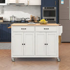Kitchen Island Cart with 4 Door Cabinet and Two Drawers and 2 Locking Wheels - Solid Wood Top