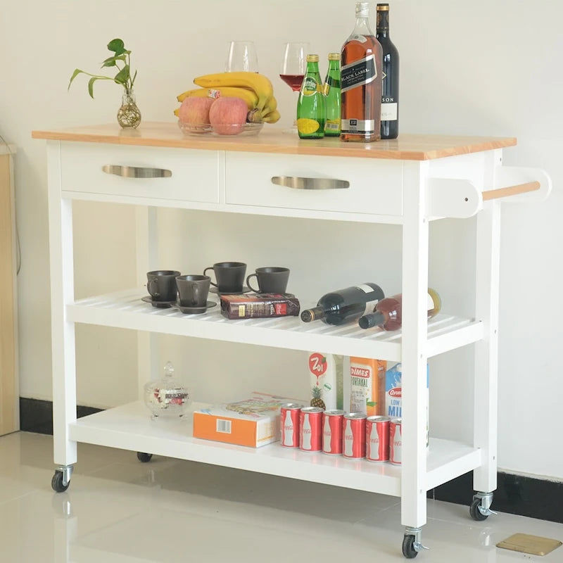 45 Kitchen Island Cart with Wheels, 2 Drawers & Open Storage Shelves - 45 x 17 x 35 inches