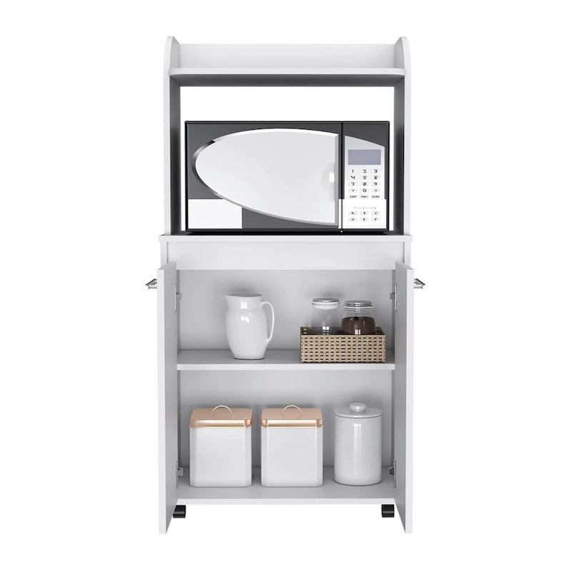 2-Tier Kitchen Island Cart, Rolling Microwave Oven Stand with Open Shelf and Double Door Cabinet
