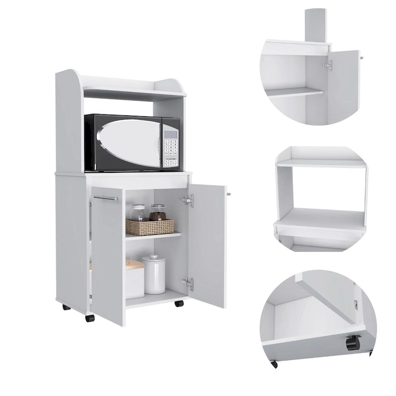 2-Tier Kitchen Island Cart, Rolling Microwave Oven Stand with Open Shelf and Double Door Cabinet