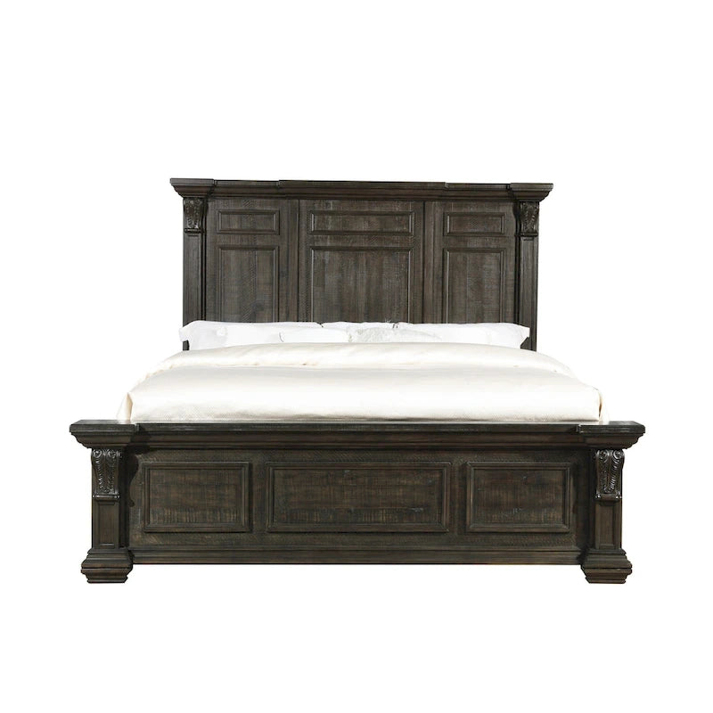 Roundhill Furniture Farson Distressed Dark Walnut Finish Wood Panel Bed, Dresser, Mirror, Two Nightstands