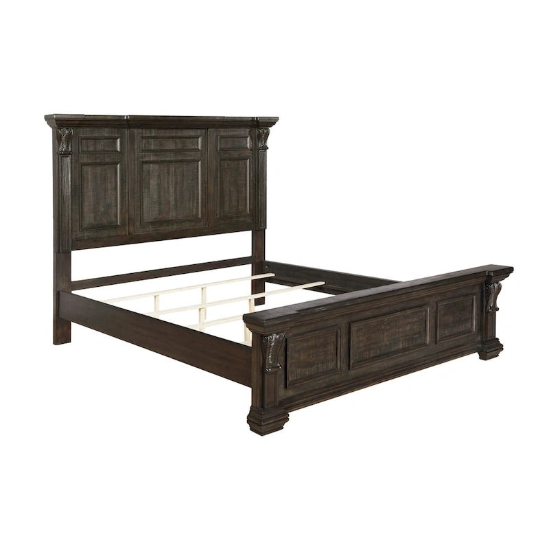 Roundhill Furniture Farson Distressed Dark Walnut Finish Wood Panel Bed, Dresser, Mirror, Two Nightstands