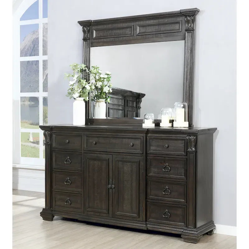 Roundhill Furniture Farson Distressed Dark Walnut Finish Wood Panel Bed, Dresser, Mirror, Two Nightstands