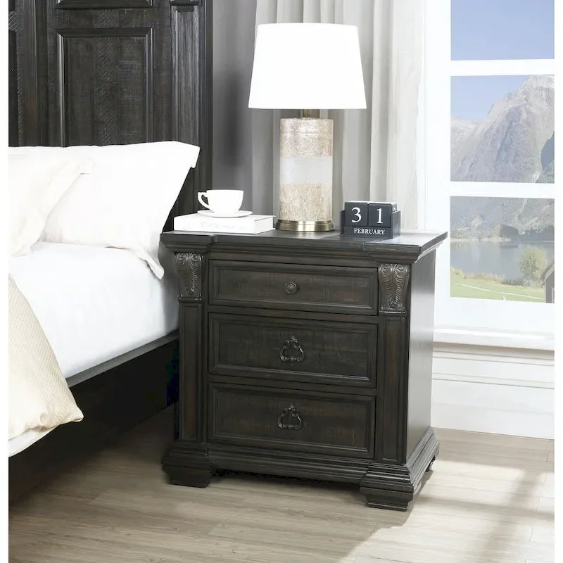 Roundhill Furniture Farson Distressed Dark Walnut Finish Wood Panel Bed, Dresser, Mirror, Two Nightstands