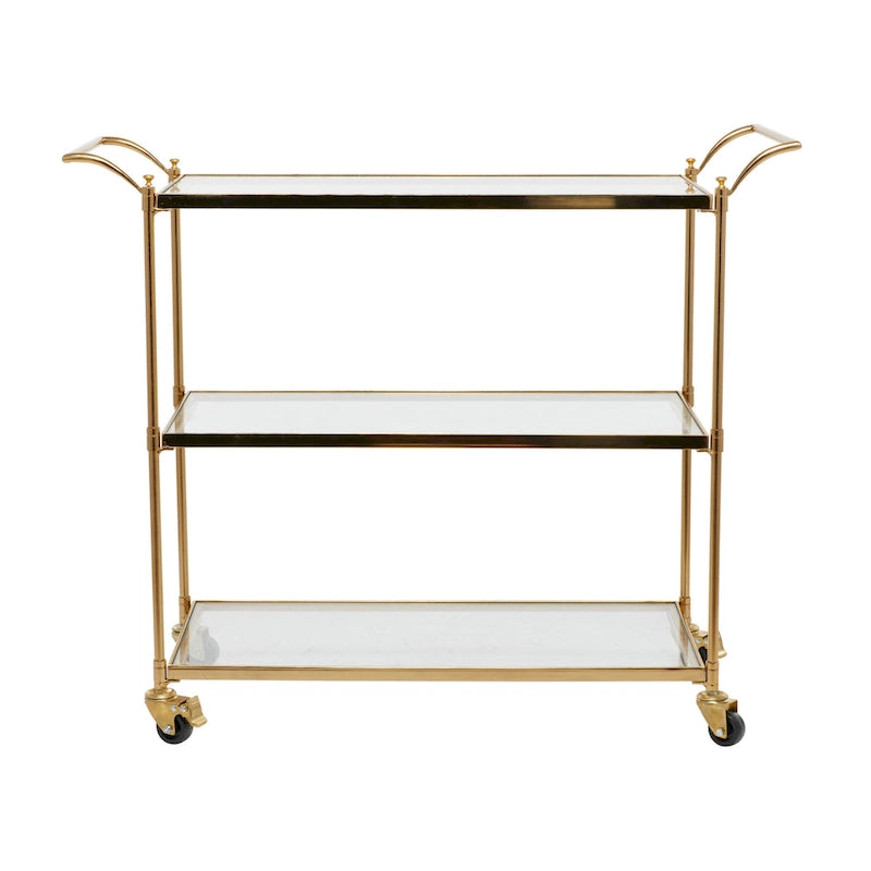 Metal Rolling 3 Glass Shelves Bar Cart with Lockable Wheels - Brass - Roche River Decor - 14W x 38L x 31H