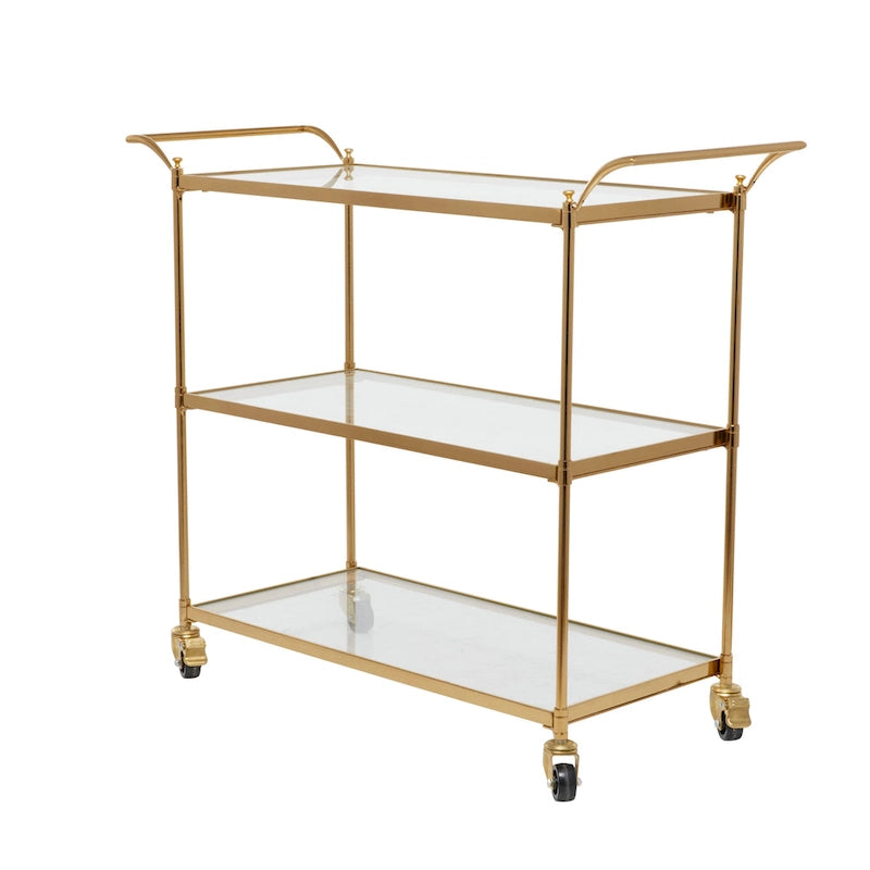 Metal Rolling 3 Glass Shelves Bar Cart with Lockable Wheels - Brass - Roche River Decor - 14W x 38L x 31H
