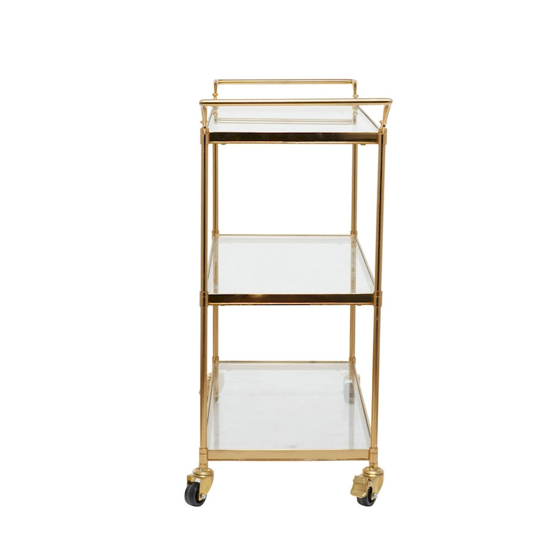 Metal Rolling 3 Glass Shelves Bar Cart with Lockable Wheels - Brass - Roche River Decor - 14W x 38L x 31H